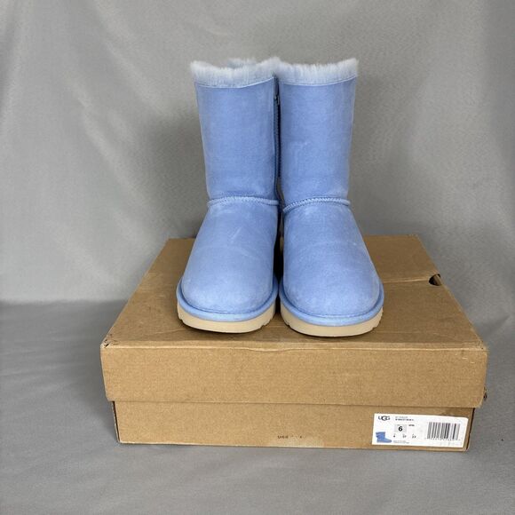 Womens Ugg Boots Bailey Bow Whisper Blue Suede Sheepskin Coquette Very RARE Sz 6 - Picture 3 of 16